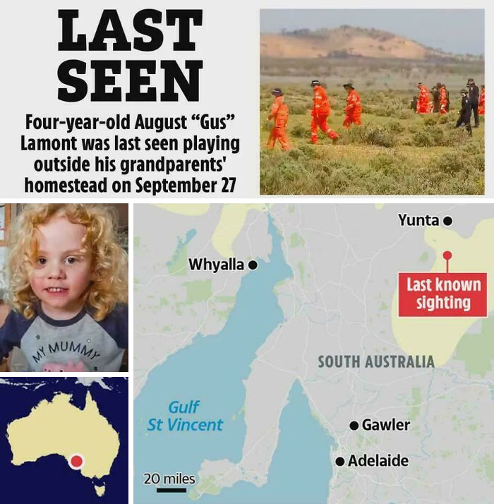 Missing person poster for Gus Lamont with search map, featured in creepy mysteries around the web.