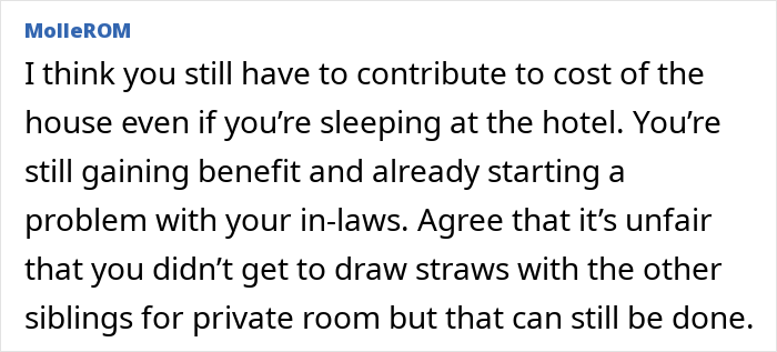 A comment about contributing to house costs for a child-free couple staying at a hotel. A comment about contributing to house costs for a child-free couple staying at a hotel.