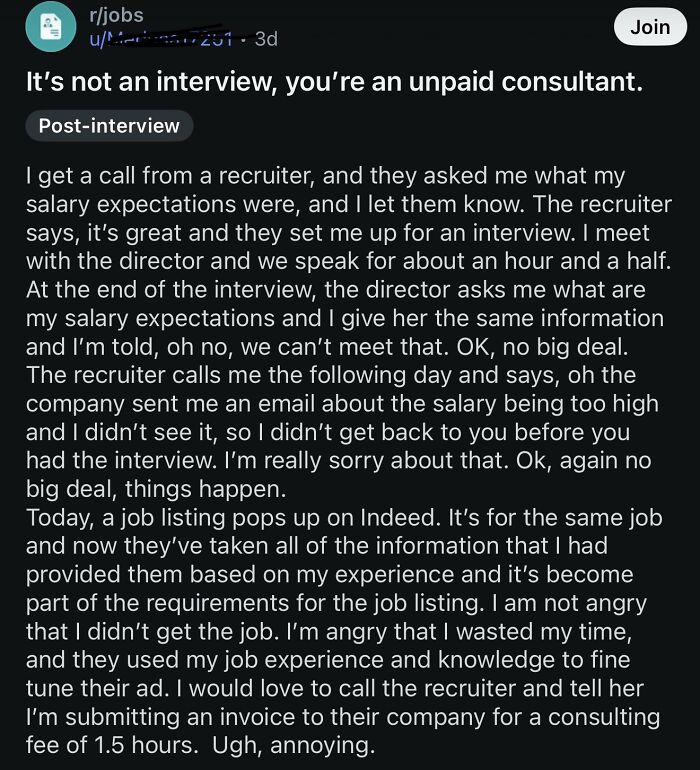 Reddit post about unpaid consulting and salary expectations in job interviews