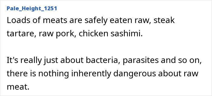 A online comment discussing raw meat safety and bacteria concerns related to eating sushi risks.