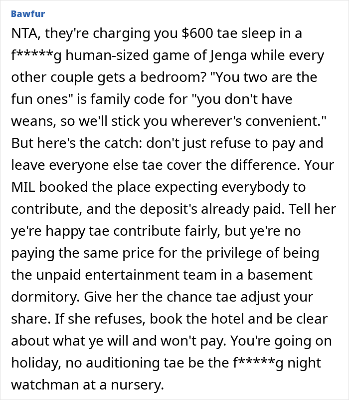 A comment discussing the unfairness of a MIL charging a child-free couple $600 for a bunk room. A comment discussing the unfairness of a MIL charging a child-free couple $600 for a bunk room.