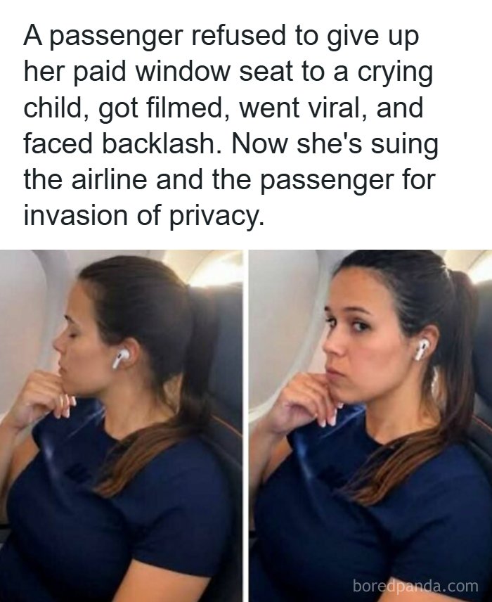 A side-by-side photo of a woman on a plane, showcasing creepy facts and news stories about viral passenger drama