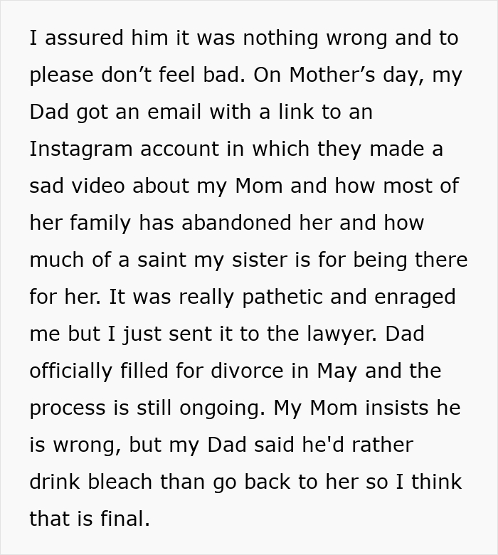 Text post describing divorce proceedings and online drama involving family members crossing boundaries.