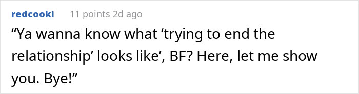 A comment about a woman ending a relationship after finding something on her boyfriend's phone.