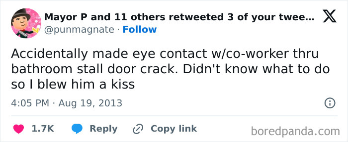 A post about making eye contact with a coworker, from a list of work tweets