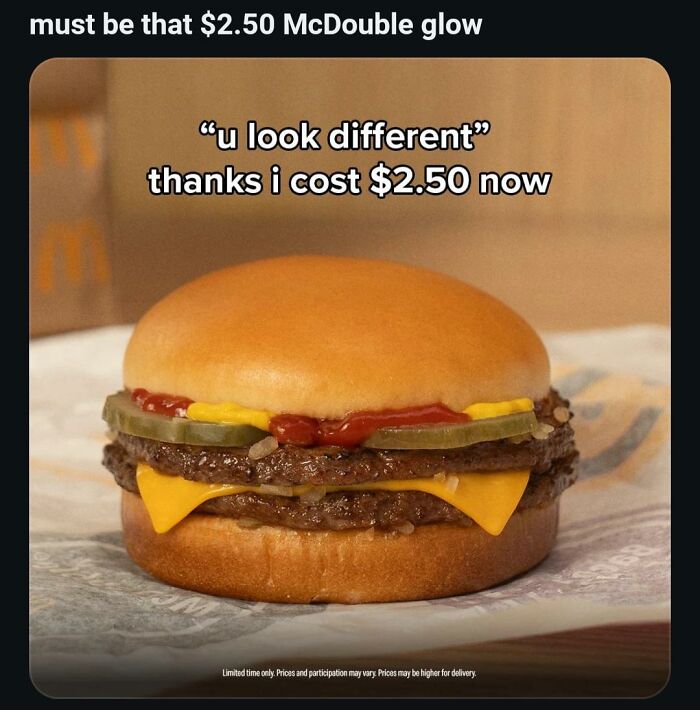 A double cheeseburger ad with text overlay highlighting advertising fails.