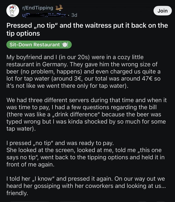 Financial dystopia post about tipping experience at a German restaurant