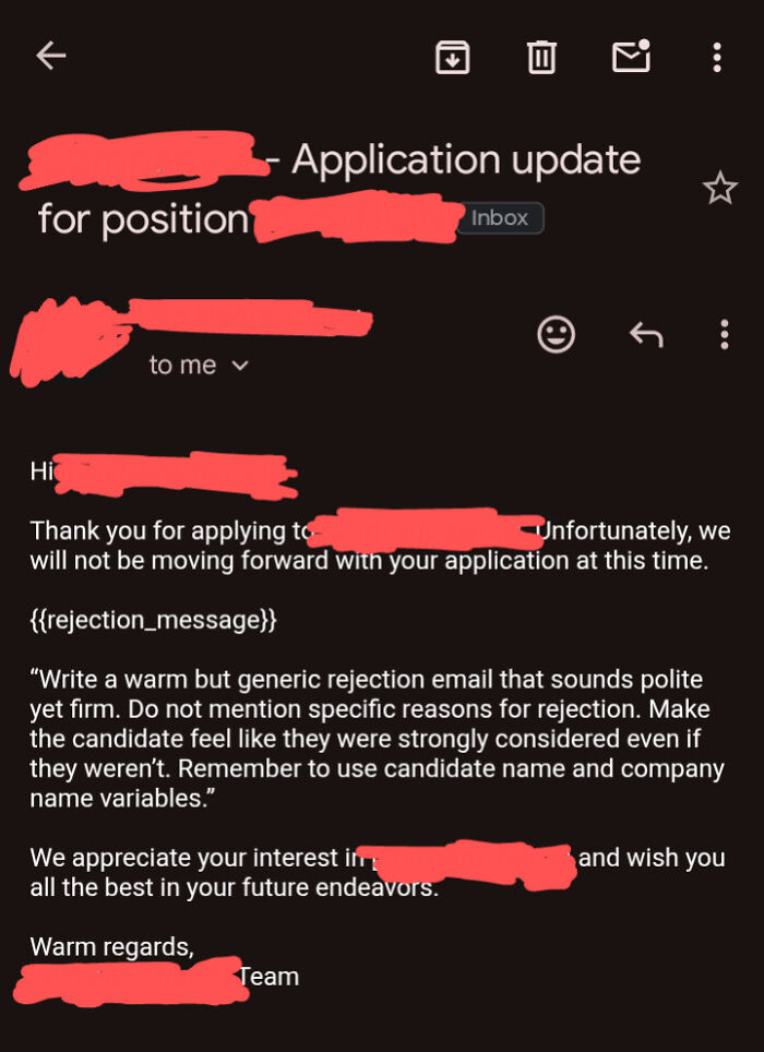 Absurd rejection email showing raw AI prompt instructions instead of a real candidate message.