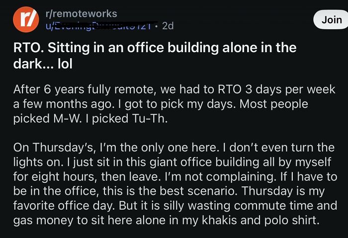 Financial dystopia post describing returning to office after remote work