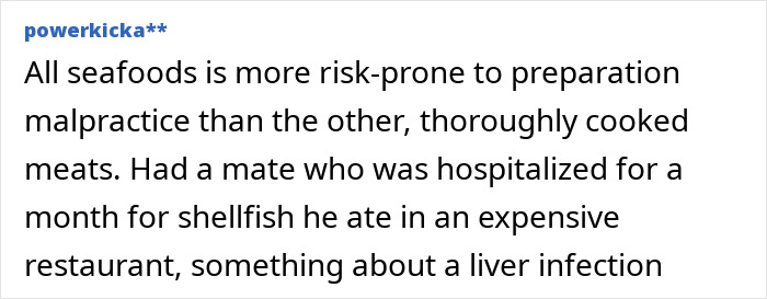 Social media text discussing seafood preparation malpractice and risks.
