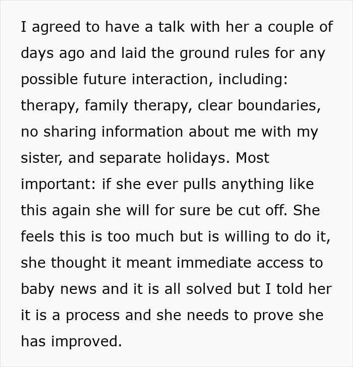Text post explaining family discussions and setting strict rules as her sister helps an ex cross every boundary.