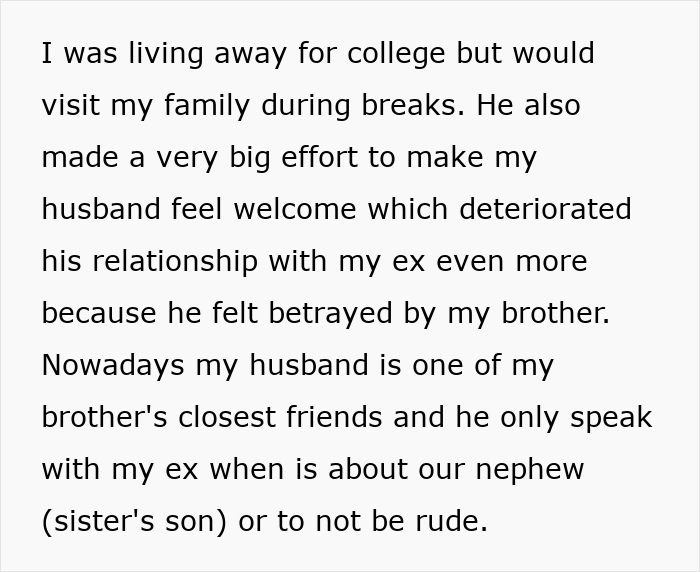 Text snippet describing family interactions when a guy keeps pursuing ex with sister helping cross boundaries.