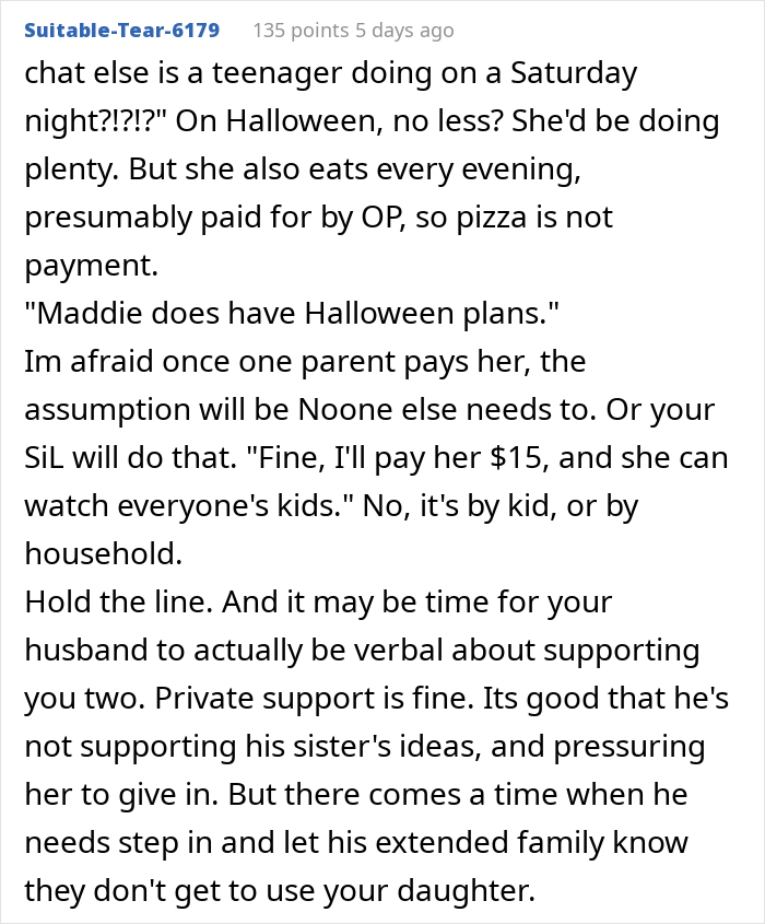 Detailed comment about setting boundaries for a daughter after receiving an entitled aunt Halloween invite.