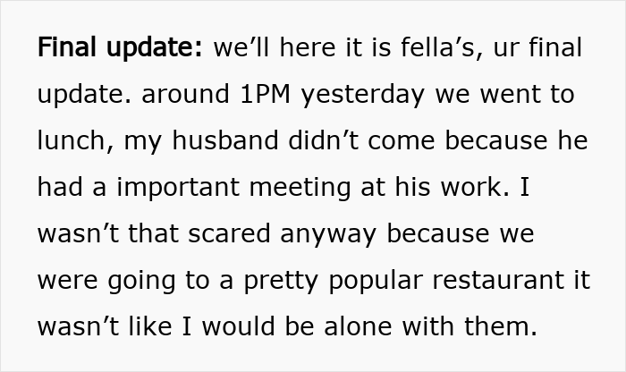 A screenshot of a text update about a family meeting at a restaurant, relating to Disneyland drama. A screenshot of a text update about a family meeting at a restaurant, relating to Disneyland drama.