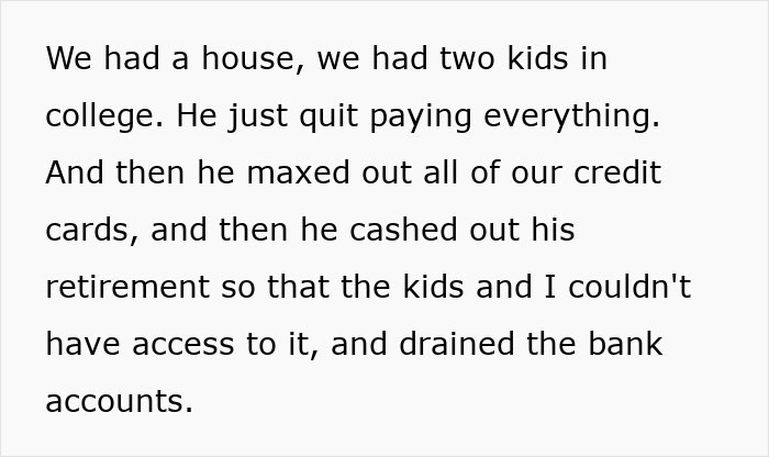 A text slide explaining how becoming a tradwife led to financial hardship after a spouse drained bank accounts. A text slide explaining how becoming a tradwife led to financial hardship after a spouse drained bank accounts.