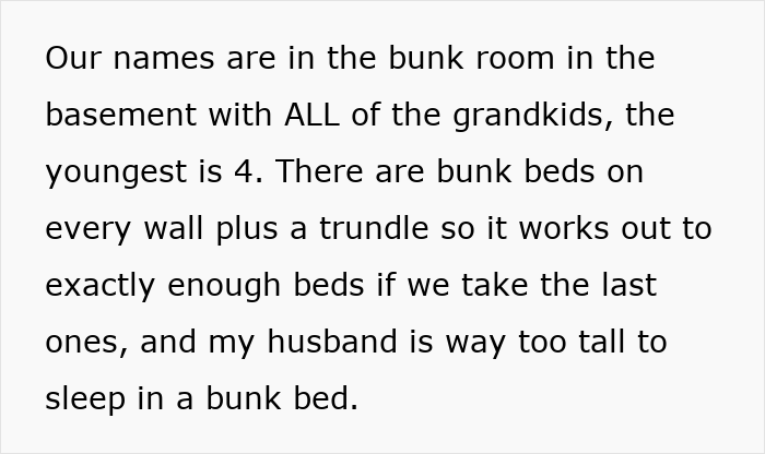 Text post detailing how a child-free couple was assigned to a basement bunk room with seven kids. Text post detailing how a child-free couple was assigned to a basement bunk room with seven kids.