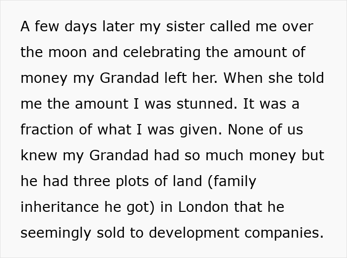 Text post explaining how a woman received a life-changing inheritance while her sister received less. Text post explaining how a woman received a life-changing inheritance while her sister received less.