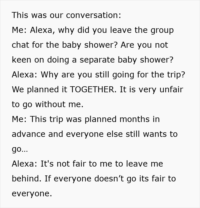Text conversation showing argument over cancelling a trip due to a friend's pregnancy