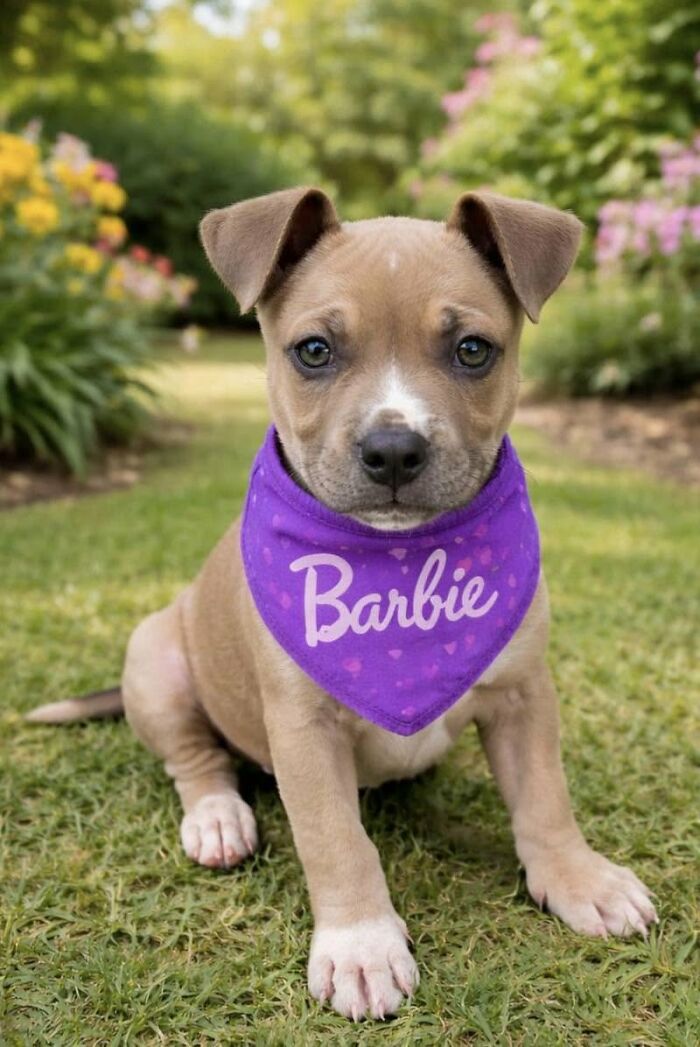 A light brown abandoned puppy wearing a purple Barbie bandana, sitting outdoors with All Sato Rescue.