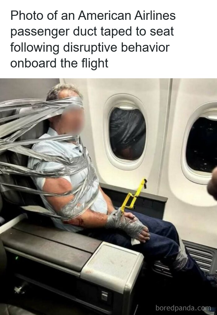 An American Airlines passenger duct-taped to his seat, depicting creepy facts and news stories from real-life flights