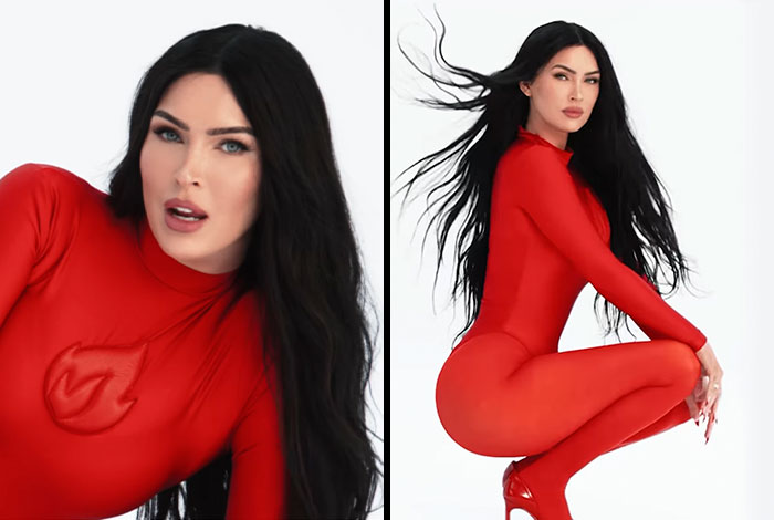 Megan Fox in a red bodysuit posing for a photoshoot Megan Fox in a red bodysuit posing for a photoshoot