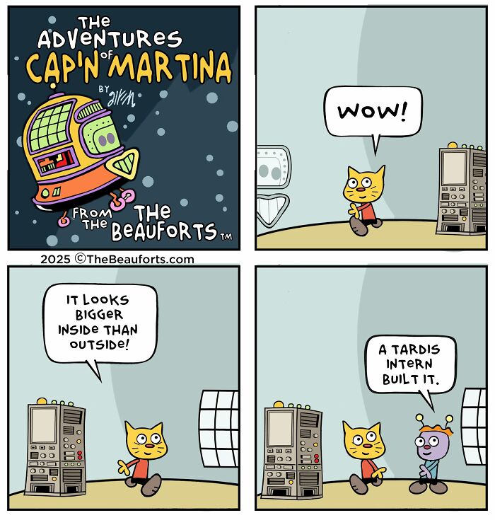 Cartoon cat exploring a roomy spaceship interior in funny space comics by The Beauforts. Cartoon cat exploring a roomy spaceship interior in funny space comics by The Beauforts.