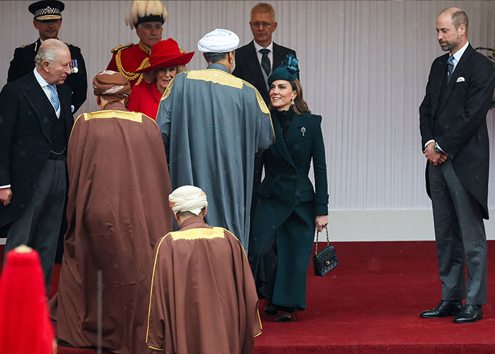 Kate Middleton and Prince William greeting dignitaries at a formal royal event