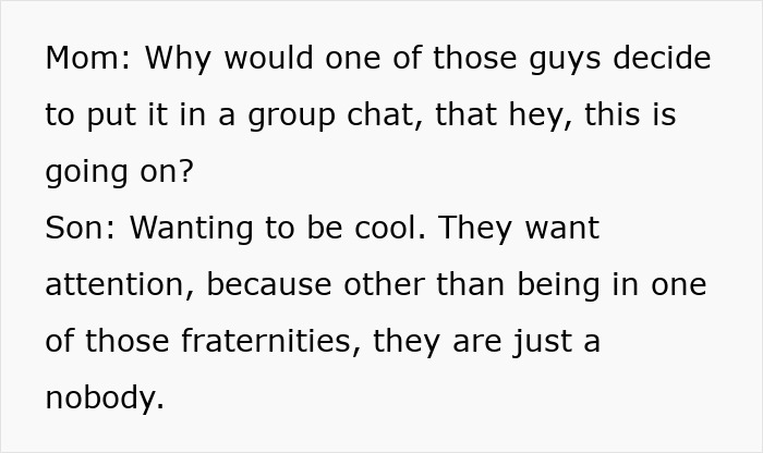 A text conversation between mom and 7th-grader discussing fraternity peer pressure and the Cornell Case.