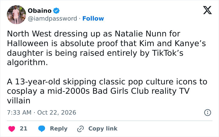 A post commenting on North West's Halloween transformation and costume choice.