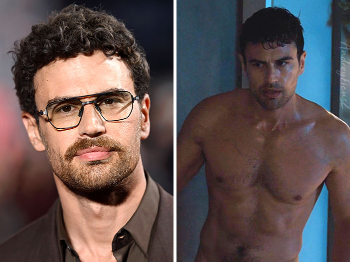 Side-by-side photos of actor Theo James, nominated by fans as a Hollywood Hunk.