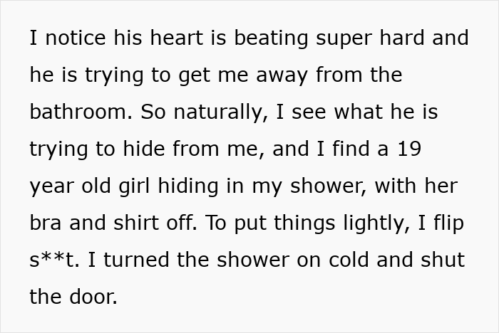 Text post describing a woman confronting her panicking boyfriend and finding someone in the bathroom Text post describing a woman confronting her panicking boyfriend and finding someone in the bathroom