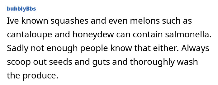 A comment detailing how squash can contain salmonella, warning of a life-threatening illness.