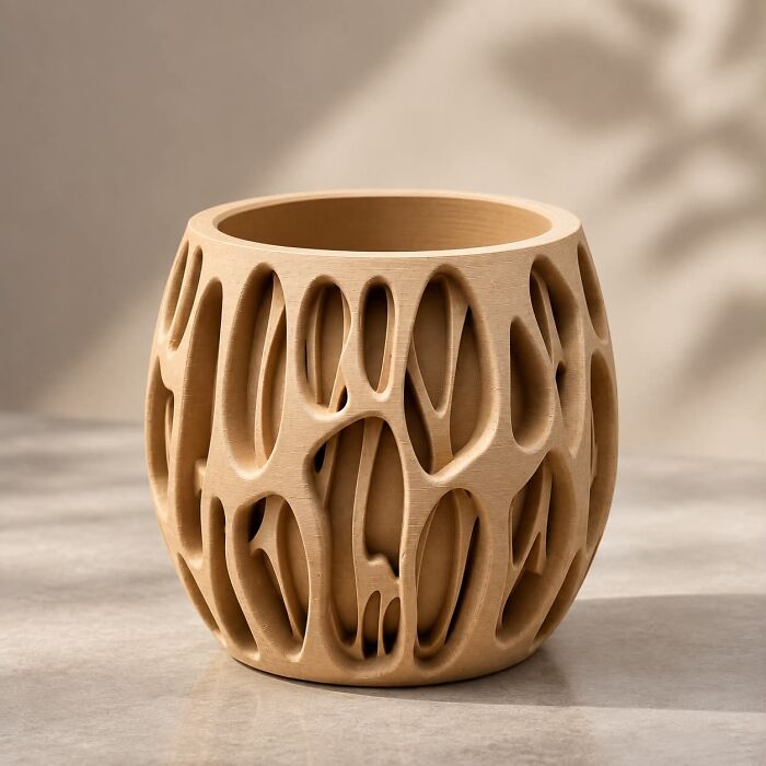 A beige, hollow-patterned cylinder vase made from 3D prints