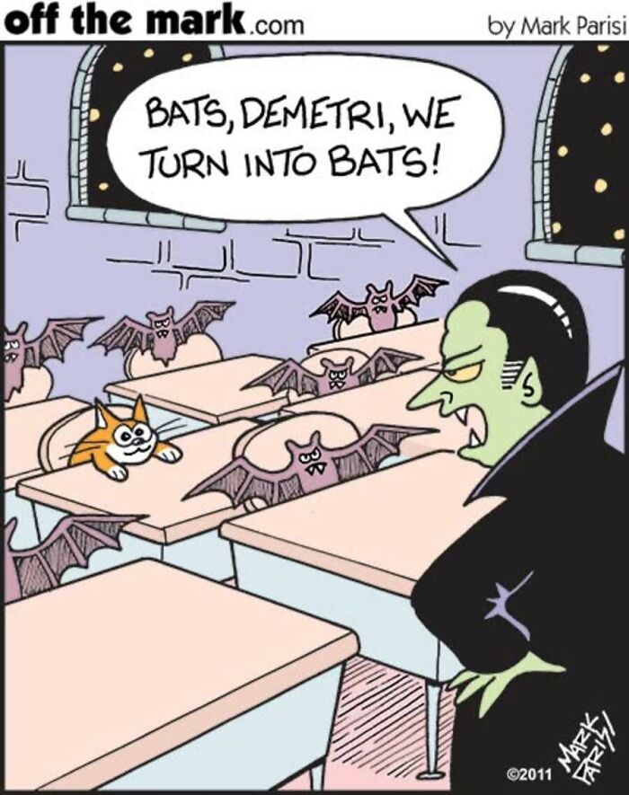Halloween cartoon of Dracula teaching bats and a cat in a classroom by Mark Parisi