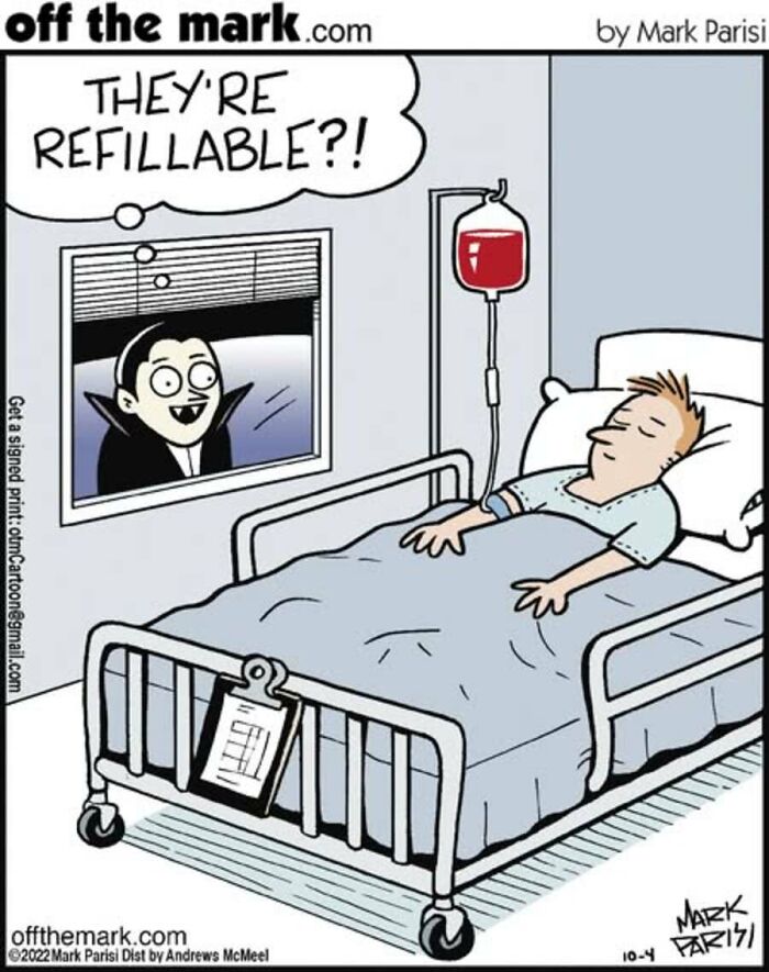 Cartoon shows vampire excited about refillable blood bags in hospital Halloween comic