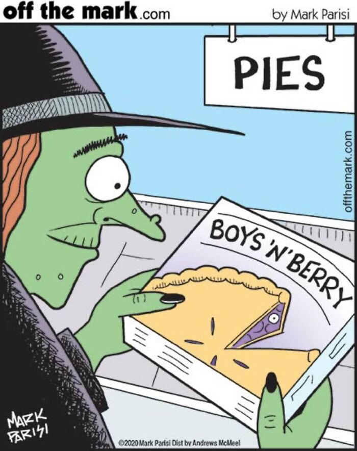 Halloween comic with witch holding Boys N Berry pie by cartoonist Mark Parisi