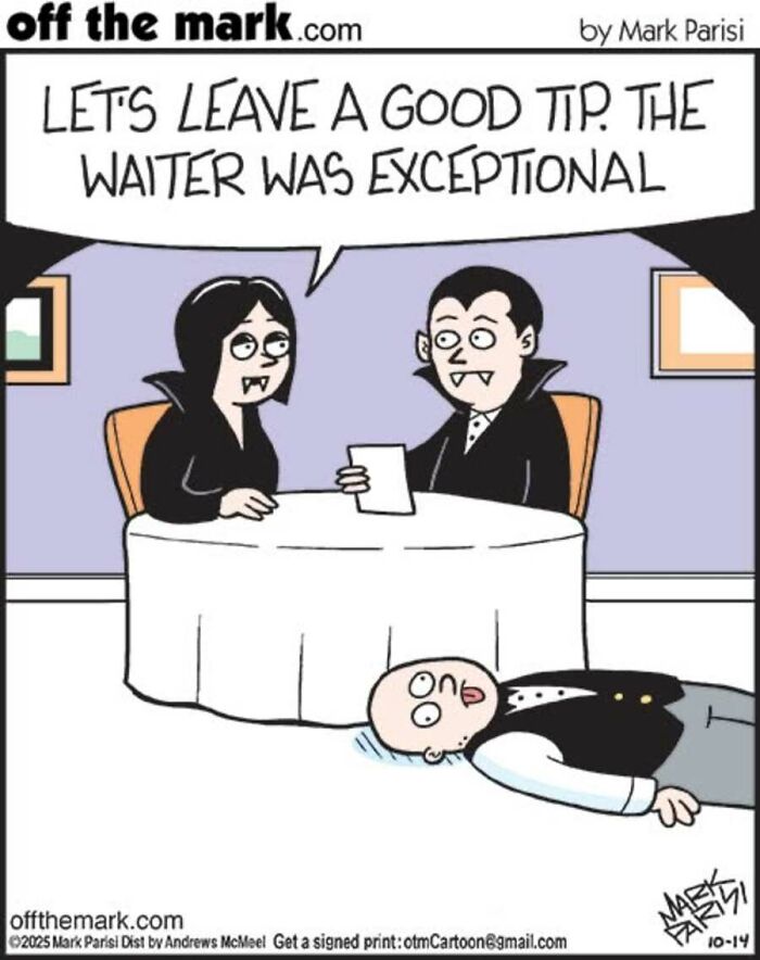 Vampire couple leaves tip as an unconscious waiter lies nearby in Halloween comic