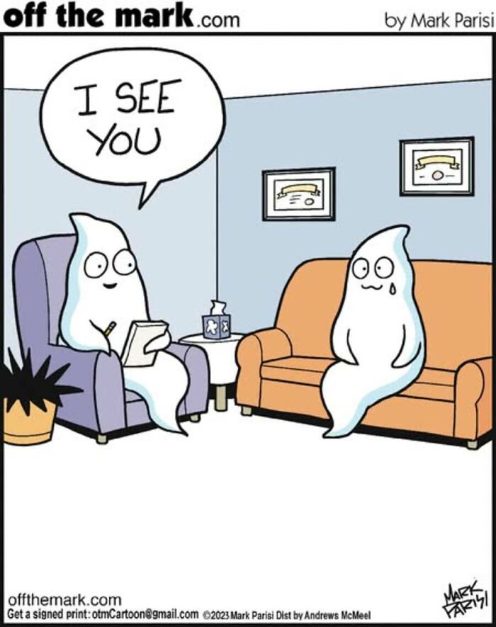 Ghost therapist telling another ghost I see you in Mark Parisi Halloween comic