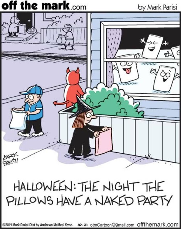 Children trick or treating while pillows party naked in Halloween comic by Mark Parisi