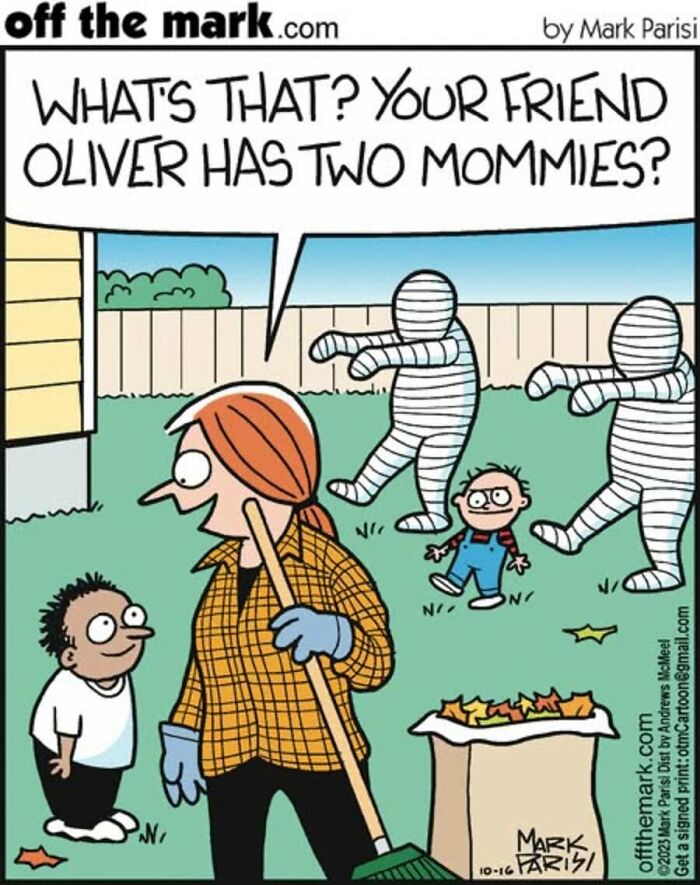 Woman talking to child about friend Oliver having two mommies in Halloween comic