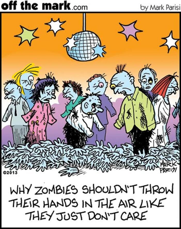 Halloween zombie cartoon showing zombies with hands thrown up in the air