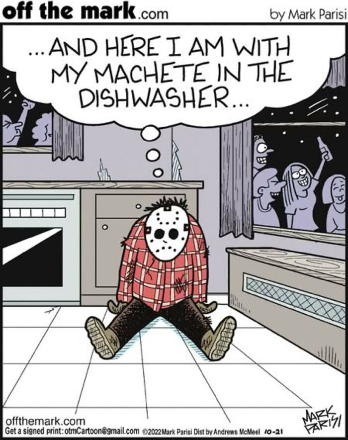 Halloween cartoon of masked character thinking about a machete in the dishwasher