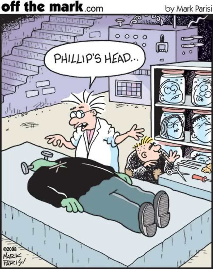 Halloween cartoon showing scientist examining a Frankenstein monster in a lab