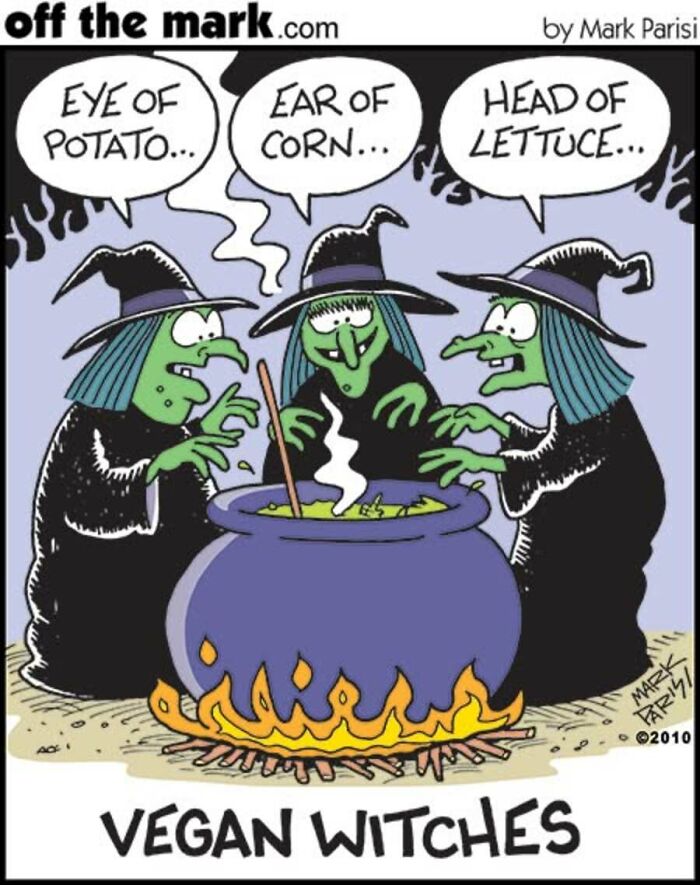 Halloween cartoon of vegan witches stirring a potion in a cauldron