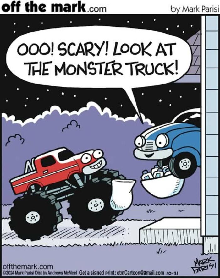 Cartoonist Mark Parisi Halloween comic with monster truck trick or treating scene