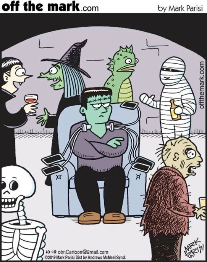 Mark Parisi Halloween cartoon featuring classic monster characters at a party
