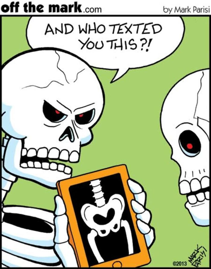 Mark Parisi Halloween comic showing skeletons with an x-ray and texting joke