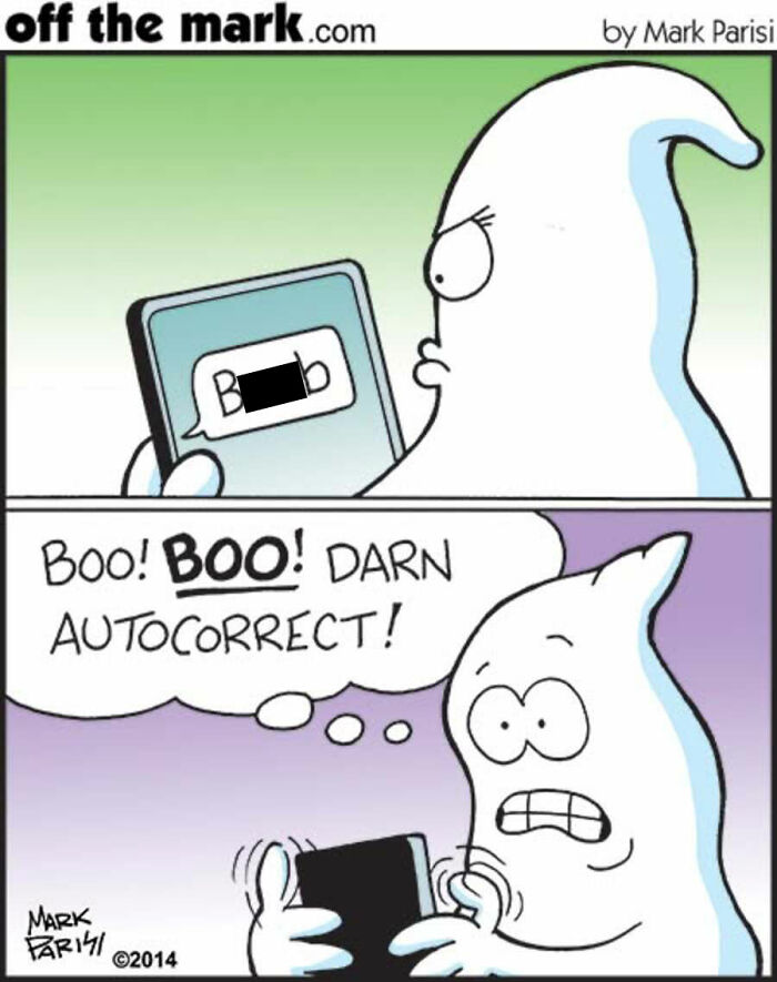 Ghost character in Mark Parisi Halloween cartoon frustrated with autocorrect on phone