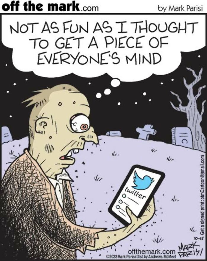 Cartoon zombie checks Twitter on phone in Halloween comic by Mark Parisi