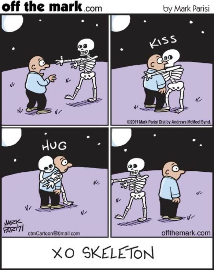 Halloween comic shows man hugged and kissed by a skeleton